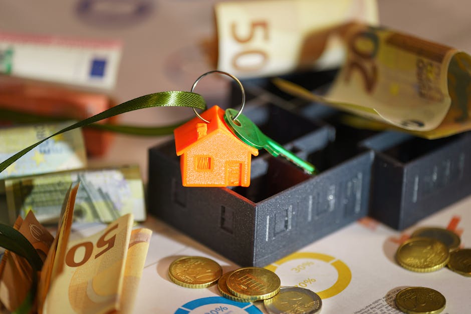 A close-up of a black storage box containing rolled-up euro banknotes, with a keyring holding an orange house-shaped keychain and a green plastic key. Surrounding the box are scattered euro coins, inc