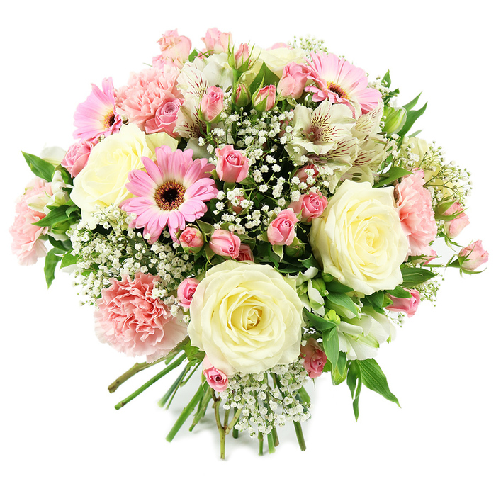 This image shows a lush, hand-tied bouquet of pastel pink and cream flowers, beautifully arranged and set against a clean white background that highlights every nuance of colour and form. At the centre, generous cream and ivory roses unfold in layered spirals, their smooth petals suggesting both luxury and tenderness. Scattered between them are dainty pink spray roses, offering clusters of small blooms and buds that introduce soft gradations of pink, much like the gentle tones of an Oxford sunrise over the spires. Bright pink gerbera daisies stand out with their circular faces, neat ray-like petals, and rich, dark centres, adding a modern, lively note to the composition. Around them, pale pink carnations with frilled, cushiony petals lend fullness and a sense of comforting familiarity, as if taken from a long-loved cottage garden. White alstroemeria blooms are woven thoughtfully through the bouquet, each petal delicately marked with fine reddish-brown streaks that bring subtle detail and sophistication. Wisps of tiny white gypsophila florets float throughout the design like a soft mist, giving an airy, romantic quality and gently blending the larger flowers. The green foliage is fresh and bright, with leaves peeping out to frame the blooms and provide depth, while the stems at the base are neatly gathered and tied, showcasing the care of an experienced local florist. The arrangement feels celebratory yet refined, perfect for engagements in central Oxford, thank-you gifts for colleagues near the Cowley Road, or simply brightening a home with a bouquet that expresses affection, gratitude, and calm joy.