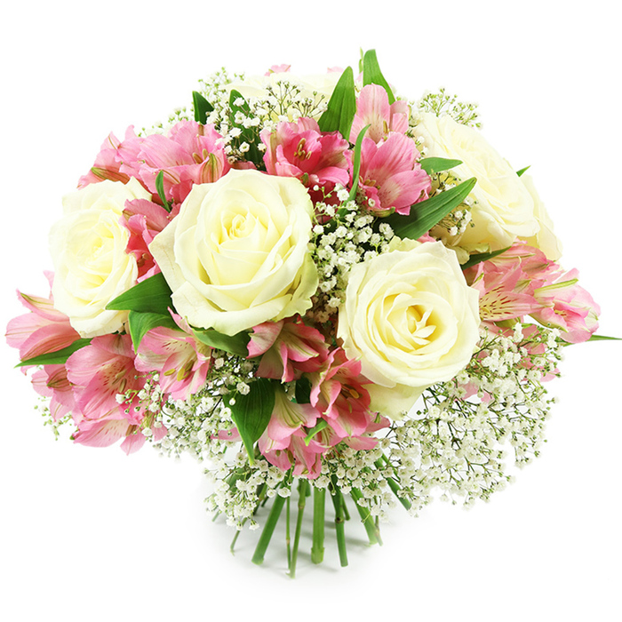 A lush, domed bouquet of creamy white roses, vivid pink alstroemeria, and airy white baby's breath is photographed against a crisp white background, highlighting every detail of the florist's craftsmanship. At least five white roses dominate the composition, each one in full bloom with densely layered petals forming a classic, cup-shaped silhouette. The petals are a soft ivory that deepens to the faintest hint of pale yellow near the heart of each flower, lending a natural warmth to the otherwise cool palette. Scattered generously among these roses are stems of pink alstroemeria, also known as Peruvian lilies, with several small blossoms on each stem. Their petals move from a soft shell-pink at the edges into richer fuchsia and magenta tones at the centres, animated by fine, darker markings that read like delicate ink lines. Interlacing these larger blooms are masses of baby's breath, their tiny white florets on slender stems creating a light, cloud-like texture that fills every gap without obscuring the main flowers. Around the base and between the blossoms, fresh green foliage shows in flashes and arcs, grounding the bouquet with natural contrast and evoking the leafy calm of Oxford's University Parks. The stems are visible at the bottom, neatly aligned and firmly tied, clearly indicating a professional hand-tied arrangement ready to drop into a vase on a table in Jericho or near Summertown. Bright, even lighting falls across the bouquet, accentuating the gentle curves of petals and the crispness of the greens. The overall mood is one of polished romance and sincere affection, suitable for birthdays, anniversaries, thank-you gifts, or a thoughtful gesture of sympathy delivered anywhere across Oxford.