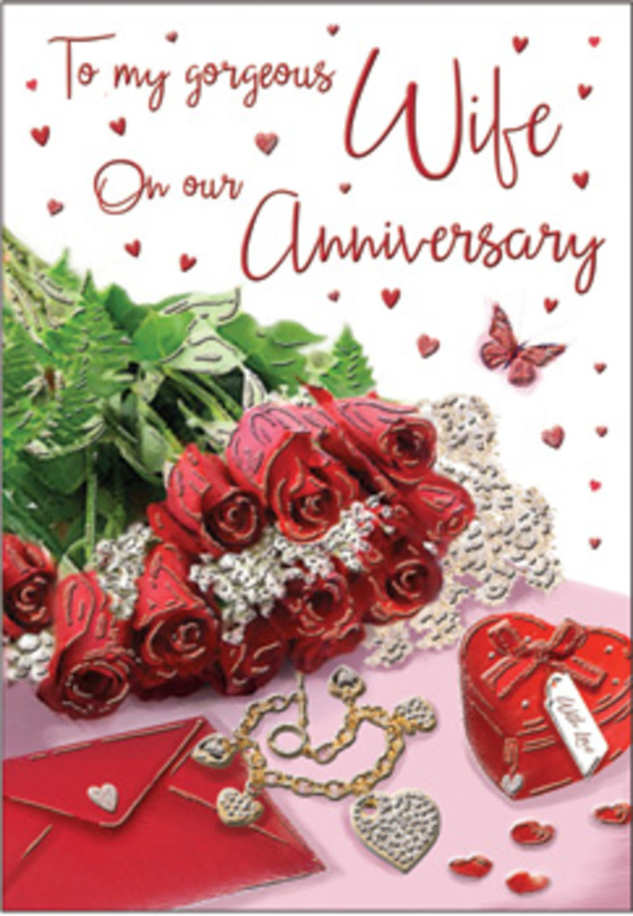 In this richly detailed anniversary card scene, a bouquet of classic red roses takes pride of place, each bloom luxuriously full and carefully shaped, as if arranged by an Oxford florist moments before delivery. The roses are wrapped with understated elegance, cradled by lush green leaves that fan out gently and add natural texture, reminiscent of foliage from the paths around the Botanic Garden. Their deep red petals look almost like velvet, with subtle highlights that suggest soft, diffused lighting streaming in from a nearby window. Around the bouquet, delicate lace and heart motifs weave through the design, catching the eye with their fine patterns and pale tones. Scattered alongside are hints of treasured keepsakes: a dainty jewellery set and a vivid red gift box, their metallic and satin finishes gleaming just enough to suggest precious anniversary surprises. The background carries a warm, romantic glow, in shades of red, cream, and soft blush, allowing the scripted message to flow across the card like a whispered sentiment. Every texture-velvet petals, silky ribbon, cool metal-adds to the sense of intimacy and long-lasting affection. The arrangement feels thoughtfully composed for couples celebrating milestones across Oxford, from Jericho to Summertown, evoking shared memories, quiet evenings, and promises renewed. It is a visual embrace, combining floral beauty and symbolic gifts into a single, deeply personal tribute to enduring love.