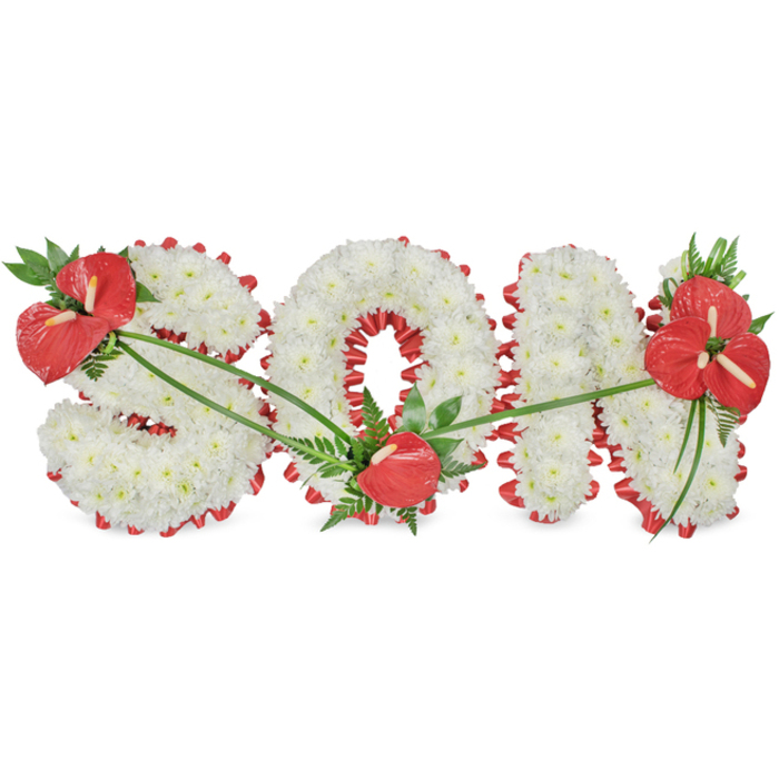 The image presents a beautifully composed funeral flower tribute spelling the word SON in striking, freestanding capital letters, captured against a plain white background so that every petal and ribbon edge can be clearly imagined. Each letter is solidly built from clusters of white chrysanthemums, their small, tight blooms layered together to create a dense, cushiony surface that feels soft, pure, and almost luminous, much like the early morning light along Oxford's High Street on a still day. Beneath and around this carpet of white, a deep red satin ribbon curves in a scalloped border, neatly tracing the outline of the 'S', circling the 'O', and defining the strong lines of the 'N'. The ribbon's subtle shine introduces a sense of care and intention, as though each pleat had been smoothed by hand. Three arrangements of red anthuriums stand out against the white backdrop. On the upper left of the 'S', a cluster of shiny, heart-shaped anthuriums with clearly visible central spadices is framed by rich green foliage and fine fern-like leaves, giving the design a focal starting point. At the base of the 'O', a single, perfectly shaped anthurium nestles low on the letter, creating a quiet, grounding accent. On the upper right of the 'N', a generous grouping of several anthuriums, surrounded by lush, deep green leaves, arcs slightly forward, as though offering one final, loving gesture. Thin, arching green stems weave across the letters, linking each red cluster and softening the geometry of the design. This personalised SON tribute would be chosen by a grieving family in Oxford or nearby villages, perhaps delivered directly to a local chapel or crematorium, as a tangible expression of devotion, remembrance, and unspoken words of goodbye.