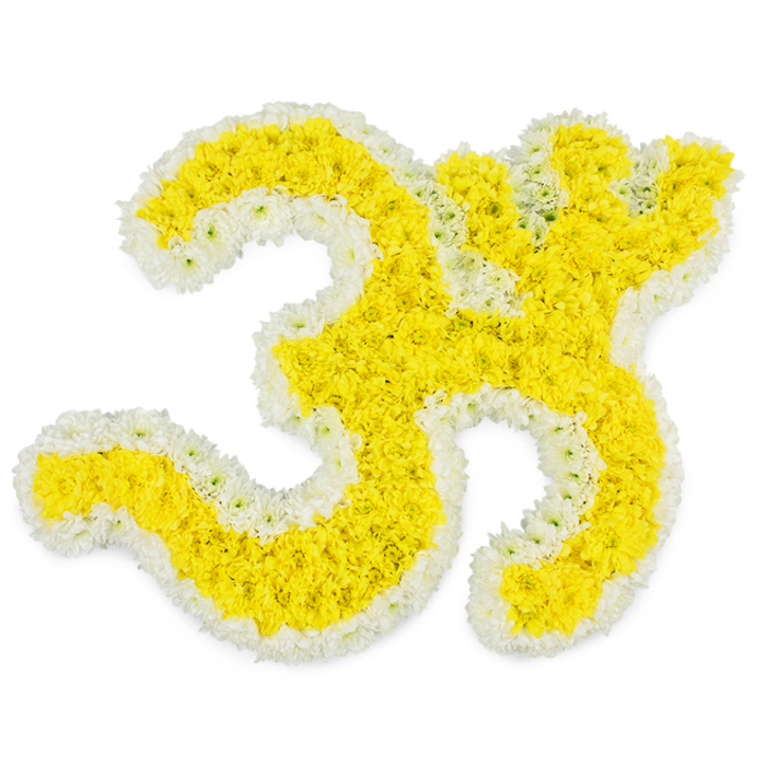 The image presents a striking floral interpretation of the sacred Om symbol, rendered with great precision and care against a seamless, pure white background. From the first glance, the eye is drawn to the flowing curves of the Om, each line defined by densely packed yellow flowers that form a rich, tactile surface. These petite blooms, reminiscent of fresh chrysanthemums or marigolds often found in devotional garlands, create a continuous band of radiant golden colour. The petals nestle closely together, lending the entire symbol a luxurious, cushion-like depth that would feel soft and springy to the touch. Enclosing this golden core is a fine border of pure white flowers, laid edge to edge so that they form an unbroken halo around the character. This contrast between sunny yellow and snow-white gives the design both clarity and emotional resonance, suggesting light, purity, and spiritual warmth. The lighting is bright and high-key, with minimal shadows, making the flowers appear freshly delivered and carefully arranged, as though they have just arrived from a trusted Oxford florist for a meaningful family ceremony. The dot at the top right of the Om, so important in the symbol's form, is also picked out in the same yellow blooms, its edges crisped by the white outline. There are no surrounding props, vases, or ribbons; the focus remains solely on the floral artistry and the spiritual message it carries. This arrangement feels particularly suited to a solemn farewell or remembrance service in Oxford-perhaps a crematorium chapel or a quiet gathering near Port Meadow-where loved ones come together to celebrate a life, meditate on the soul's journey, and find comfort in the shared sound and symbolism of Om.