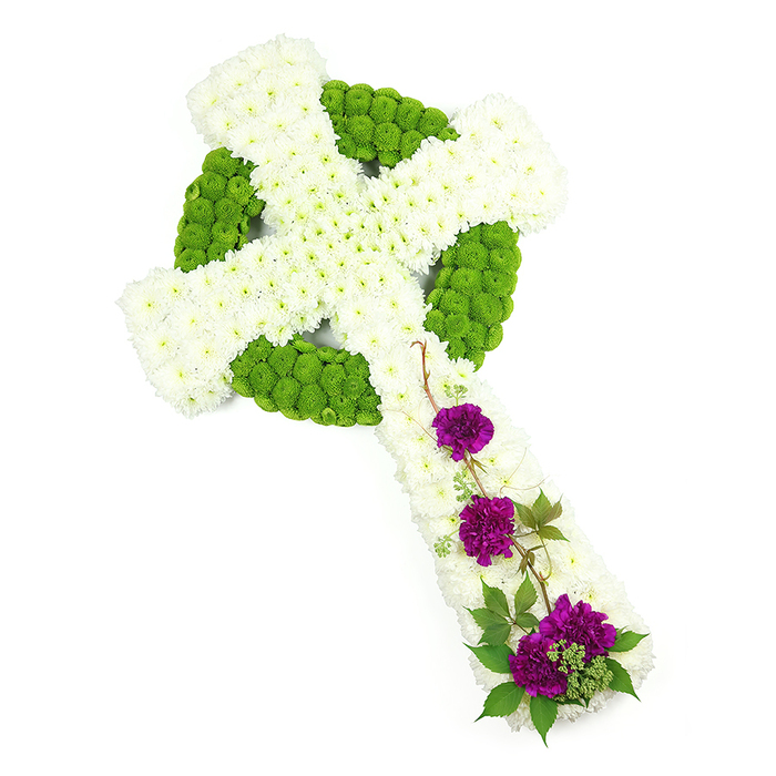 The photograph shows a striking Celtic cross funeral tribute composed entirely of fresh flowers, set against a bright white backdrop that mimics the clean walls of a modern chapel. The cross is positioned slightly on the diagonal, which helps you trace the flow of its design from the upper arm down to the base. The main body is carefully carpeted with compact white chrysanthemums, their tiny petals fanning out in tight circles so that each arm of the cross looks softly padded, like fresh snow lying undisturbed. Surrounding the central intersection and defining the circular halo typical of a Celtic cross, bands of lime green button chrysanthemums create a bold contrast. These green blooms sit in carefully plotted lines and rounded sections, marking out the interlaced patterns and filling the ring with a bright, living green that suggests fields and meadows after spring rain. Just below the centre, along the downward arm, sit three clusters of deep purple carnations, their rich hue bringing gravity and tenderness to the design. Each carnation head is full and layered, and when grouped together they read as small islands of colour, echoing the solemn mood of a funeral or memorial gathering. Graceful, dark green foliage and fine tendrils weave around these purple focal points, softening the transition between colours and adding a natural, almost woodland feel, reminiscent of quiet walks along the Thames Path near Oxford's Botanic Garden. The lighting is clear and even, revealing the freshness of the flowers and the professional craftsmanship behind each placement. Overall, the tribute conveys reverence, cultural heritage, and a gentle promise of peace, a fitting floral cross for honouring a life well lived in the Oxford community.