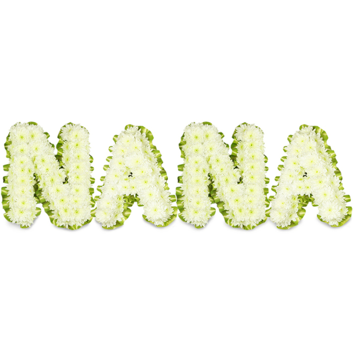 A dignified, personalised funeral tribute spells the word NANA in bold, three-dimensional letters fashioned from tightly packed white chrysanthemums, each bloom selected for its clean, button-like shape and pristine petal layers. The four capitals - N, A, N, A - rise with sculptural clarity from a bright white background, the dense arrangement lending a soft, textured surface that reads as both tender and durable. Around each letter a fresh, vivid green trim - arranged foliage or a neatly pleated ribbon - traces the contours with a crisp outline, heightening contrast and improving legibility while introducing a deliberate note of renewal. The lighting is even and bright, revealing the meticulous craftsmanship: the exacting placement of each floret, the subtle gradations of shadow between heads, and the swell of form that gives the tribute physical presence. As an experienced Oxford florist, we conceive this piece to suit memorials across the city, from services near Carfax to graveside farewells at St Sepulchre's or the quieter corners of Headington; Flowers Oxford can prepare similar tributes with careful attention to condition and delivery timing. The arrangement's restrained palette of pure white and clear green communicates serenity, reverence and the understated love reserved for a grandmother or matriarch. It speaks in a language of calm respect - a visual benediction that honours memory and offers solace to family and friends gathered to remember a life marked by warmth, steadfastness and quiet grace.