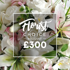 Viewing this Florist Choice Bouquet through a softer lens, the scene feels like a personal embrace from a trusted Oxford florist. The white roses and white lilies present with crisp elegance, their petals petal-smooth and luminous, while pale pink tones drift through in smaller blossoms. Sprigs of eucalyptus offer a cool, herbal whisper, and the greens give the arrangement a generous sense of depth. The bouquet's frame fills with gentle energy, and the white overlay sits at the center in quiet prominence: Florist in script, CHOICE BOUQUET in uppercase, with ? BOUQUET ? and ?300 in bold. The light seems to carry a fresh, morning scent-likely drawn from Oxford markets near Gloucester Green and the Covered Market-suggesting a bouquet that travels well across the city, from Oxford University Parks to the edge of Headington. This description is anchored by a craftsman's touch, the hand-tied stems showing careful alignment and a sense of movement that speaks of care and patience. Perfect for a birthday, anniversary, or a heartfelt note, it communicates grace, purity, and modern romance. Availability for delivery across central Oxford, with potential for same-day delivery to Cowley Road or Port Meadow-adjacent neighborhoods, makes this a practical luxury, not just a pretty image. The bouquet carries the assurance of freshness, quality, and the friendly, local service you expect from Flowers Oxford.