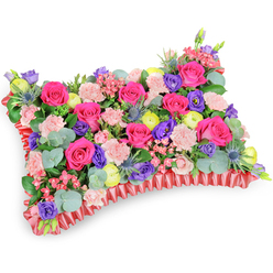 Captured at a slight oblique from above on a pure white field, this rectangular floral cushion is a thoughtfully composed sympathy tribute that balances colour, scent and texture with quiet expertise. Hot pink roses dominate the surface, their plush petals ranging from tight buds to gently opened blooms that glow with inner warmth. Interspersed are soft blush spray carnations which provide a ruffled softness underfoot for the bolder roses, while pops of lemon-yellow ranunculus add cheerful highlights that catch the eye. Deeper violet lisianthus introduces cool contrast and sculptural depth, and the steely-blue thistles (Eryngium) add an unexpected, spiky accent that reads almost like fine needlework within the design. Sweeping sprigs of round, silvery eucalyptus and varied green foliage create a verdant matrix that gives structure, scent and a subtle cooling tone. The perimeter is elegantly defined by a pleated, ruffled deep-red satin ribbon that frames the pillow and reinforces its cushion-like silhouette. Shot to show the arrangement's symmetry and tactile layering, the piece emits a soft perfume and a sense of calm; it is the kind of arrangement we create for memorial tables and funeral services across Oxford-from Jericho to Summertown and the lanes by Radcliffe Camera. As prepared by Flowers Oxford, this cushion aims to convey loving remembrance and gentle solace, appropriate for sharing at wakes, services, or as a graveside tribute.