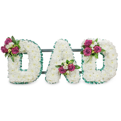 This solemn floral composition presents the word DAD in large, sculpted letters, each letter formed from hundreds of small, snow-white chrysanthemums that create a continuous, cloud-like surface. The tiny, densely packed blooms lend a soft tactile richness, the petals layering into gentle undulations that diffuse light and suggest purity and peace. A narrow, folded emerald-green ribbon traces the outer and inner edges of every letter, its pleated texture providing a cool, composed contrast to the warm, round shapes of the chrysanthemums. Each letter bears a carefully placed accent of saturated magenta roses, their scent faintly sweet against the quiet backdrop of white; these clusters are complemented by sprays of white freesia and slender, glossy foliage, which add sparkle and sculptural definition. The first D holds its bouquet high on the left curve, the A's cluster nestles into the lower V, and the final D mirrors the first with a bloom cluster on its right curve - a balanced, intentional choreography of color. A discreet dark-green or slate support bar runs behind the letters, suggesting the arrangement is designed for standing display at a chapel, crematorium, or graveside. Imagined in soft morning light, this tribute evokes restrained elegance and familial steadiness - a fitting floral farewell for a father, available from local florists serving Oxford and nearby Summertown or Headington.