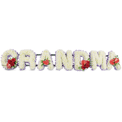 The image shows an elegant funeral flower arrangement spelling out GRANDMA in large, clearly defined block letters, the kind of personalised tribute often chosen by families across Oxford to honour a beloved nan or gran. Each letter is built entirely from dense clusters of pure white cushion chrysanthemums, their many-petalled heads packed closely together to create a soft, plush surface that feels both gentle and reassuring. Around the outline of every letter, a narrow edging of pale lilac or soft purple ribbon creates a subtle border, giving the tribute a calm, serene glow without overpowering the simplicity of the white blooms. Accents of vibrant red flowers are placed with great care to punctuate the design: on the G, a lush cluster of deep red roses is nestled at one side, accompanied by a unique variegated red-and-cream calla lily that arcs gracefully over the white flowers. The first A carries a single heart-shaped red anthurium positioned low on the letter, its waxy petals and prominent spadix bringing a contemporary note. At the centre, the M is adorned with another grouping of rich red roses, balanced with an additional red anthurium to mirror the earlier motif. Towards the end, the final A is finished with its own red anthurium, visually linking the start and finish of the word. All the letters are mounted on a dark green metal or foam frame, which lifts them slightly and provides stability while remaining mostly hidden. Set against a plain white background, the tribute radiates love, respect, and quiet gratitude, perfectly suited for a memorial service or cremation farewell in and around central Oxford, Headington, or Cowley.