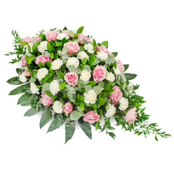 Set against a pure white backdrop, this elongated teardrop funeral spray appears almost to float, its pastel tones and flowing shape offering a calm, contemplative presence. At the heart of the design are numerous pink roses, carefully arranged so their soft spirals of petals can be fully appreciated. The colours range from delicate blush, like the first light over Oxford's dreaming spires, to a more vivid rose pink that adds warmth and depth. Between these roses, fluffy white carnations or spray carnations are tucked in, their gently frilled edges evoking the softness of clouds and providing a serene contrast in both tone and texture. The entire arrangement is cradled by generous greenery: broad, glossy dark green leaves provide structure and a sense of stability, while rounded eucalyptus leaves in muted silvery green weave through the flowers, adding soft curves and a suggestion of subtle fragrance. At the narrower tip of the spray, fine trailing strands of ruscus extend outward, giving the piece a graceful, cascading finish, as if the arrangement were gently sighing downward. The form is fuller and rounded at one end, then gradually tapers to a delicate point, making it especially suited for use as a casket spray or to lie alongside a photograph or urn. In mood, the piece conveys quiet luxury and deep respect, the kind of design that families in Oxford might choose for a church service in Jericho or a simple farewell at a local crematorium. It feels composed with great care, offering solace when words are not enough.