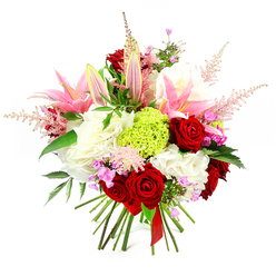 Against a crisp white backdrop, this hand-tied bouquet appears almost to glow, as if it has just been set down on a windowsill overlooking Oxford's historic High Street. Deep red roses form the emotional core of the design, each bloom densely layered with velvety petals that curl inward like whispered promises, perfect for a romantic gesture in Summertown or Headington. Around them, generous pink lilies rise and open, their broad, satiny petals arching outward in soft shades from blush to deeper rose, some fully open, others still in tapered buds that speak of beauty yet to unfold. Nestled beneath and between these statement blooms are plush mounds of ruffled white flowers, evoking clouds or soft lace, gently grounding the brighter colours with calm neutrality. A spherical burst of lime green dianthus stands out in the centre, its intricate, frilly texture catching the eye and lending a modern twist that would not look out of place on a stylish table near Oxford Castle Quarter. Airy stems of pale pink astilbe float above the main body of the bouquet like delicate mist, while smaller fuchsia and lavender-toned blossoms tuck into the gaps, adding fine detail and quiet charm. Dark, glossy foliage peeks through, framing the flowers and giving a sense of natural abundance. The stems are aligned and bound tightly at the base with a single red satin ribbon, reinforcing the sense of careful craftsmanship. The bouquet feels joyful yet sophisticated, suited to birthdays, anniversaries, or Mother's Day surprises delivered across Oxford, from Botley to Cowley Road.
