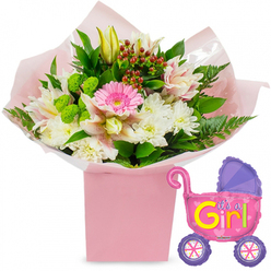 Set against a clean white backdrop, this new baby girl arrangement feels like a soft, joyful announcement, the kind a local Oxford family might place proudly in their sitting room after arriving home from the John Radcliffe. At its heart is a modern, square, light pink gift box that serves as both container and frame for a generously full bouquet. A bright pink gerbera daisy commands the centre, its circular form and smooth petals giving a sense of cheerful optimism. Around it, snowy white chrysanthemums unfold layer upon layer of fine petals, while delicate alstroemeria lilies in blush pink and white, gently freckled with deeper tones, add an elegant, almost painterly detail. Just above the main cluster, creamy yellow lily buds point upwards, still closed, like promises of beauty yet to come. Tucked between these are crisp lime-green button blooms and clusters of deep red hypericum berries, their rounded forms and glossy skins echoing the richness of the surrounding greenery. The foliage is a mix of broad, dark green leaves and soft fern fronds that spill naturally over the top of the box, giving the whole piece a garden-fresh feel, as though gathered from an Oxfordshire country garden on a clear spring morning. Soft pink tissue paper wraps the stems, with a layer of clear cellophane adding a subtle sheen. To the right, a metallic foil balloon shaped like a baby pram completes the story. The balloon glows in vibrant pink with a contrasting purple hood and matching purple wheels, decorated with colourful spokes, while the side bears the cheerful phrase It's a Girl! in playful yellow and green letters. Together, the bouquet and balloon create a radiant, celebratory display, ideal for marking a baby girl's arrival in homes from Headington to Botley and across central Oxford.