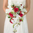 In this detailed bridal image, the camera lingers on a sumptuous cascading bouquet held neatly at the bride's waist, the bodice of her white gown forming a textured backdrop of lace and subtle embroidery. The composition is dominated by large, fully opened red roses, their petals arranged in tight spirals that suggest depth, devotion, and timeless romance. Between them rest luminous white lilies, their broad petals slightly curved and cool in appearance, each bloom showing off gently protruding green stamens that add a fresh, botanical note. Flowing from the central cluster, multiple strands of white Phalaenopsis orchids tumble downward with effortless grace, their smooth petals and small unopened buds creating a sense of movement, as if the bouquet is in mid-sway along an aisle in an Oxford college hall. Tiny tufts of white baby's breath peek from between the larger flowers, softening the design with a lacy haze that feels almost like morning mist along the River Thames at Folly Bridge. Glossy red hypericum berries are scattered throughout, providing cheerful pops of colour and a rounded texture that contrasts beautifully with the velvety roses and sleek orchids. The greenery weaves around and beneath, mixing feathery fronds with fuller leaves to frame the blooms and extend the cascading line. A few discreet green-tipped white blooms, likely Ornithogalum, introduce further delicacy and craft. The bride's arms curve protectively around the arrangement, and the softly blurred beige background keeps every eye on the vivid red-and-white palette. This bouquet feels tailored for a sophisticated Oxford wedding, the sort you might see leaving the Sheldonian Theatre or one of the city's historic churches, its colours bold yet beautifully balanced.