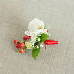 This boutonniere feels like a small, considered reverie, placed on a soft beige backdrop that resembles burlap warmed by early sunlight. The principal bloom is a pristine white phalaenopsis orchid: broad, even petals unfold with quiet symmetry and reveal a delicate yellow-orange throat that reads as the piece's gentle heartbeat. Encircling that heart, plentiful sprays of gypsophila lend a whisper-light texture-tiny white stars that seem to float around the orchid, softening edges and adding a romantic haze. Nestled beneath and between those fronds, polished red hypericum berries provide spirited accents; their glossy skins catch the light and introduce an autumnal cheer that balances the orchid's calmness. Pale green, slender buds suggest recent harvest and imminent opening, a promise of continued freshness. The lush, deep green foliage-smooth, slightly reflective-anchors the arrangement and creates a verdant frame like leaves along a riverside walk. A scarlet satin ribbon binds the stems in a tidy knot, its sheen and colour lending a confident, celebratory finish and a slight reference to traditional wedding palettes. The composition is compact, deliberate and wearable, suited to formal days and quiet celebrations alike: a groom's buttonhole after a ceremony at the city's college chapels or a thoughtful adornment for an anniversary dinner by the Cherwell. The piece melds refined materials with handcrafted restraint, offering both visual harmony and the soft scent of fresh greenery.