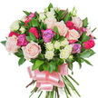 A hand-tied, densely packed bouquet of mixed roses and lush greenery sits against a clean white background, its composition designed to read clearly to the eye and to the touch. The arrangement is a rounded, generous cluster of large, fully opened roses in soft pastel pink and creamy white, their silky petals layered like small, fragrant cups. Among them, bolder magenta-fuchsia roses provide bright punctuation, while a few lavender-hued roses introduce a gentle cool note to the warm palette. Sprays of smaller spray roses-mostly creamy white with hints of pale buttery yellow-nestle close to the larger blooms, creating pockets of delicate texture and a sense of depth. Dark, glossy leaves, likely ruscus or salal, are woven throughout the heads of flowers; their elongated, spear-like shapes and deep green sheen frame each rose and add a lush contrast to the petals. At the base the stems are gathered into a firm, neat bundle and finished with a wide baby-pink satin ribbon tied into a prominent bow whose lustrous surface catches soft studio light. The scent is faintly rosy and green, imagined as a subtle lift rather than an overpowering perfume. The white backdrop keeps every petal edge and leaf vein clear, so the bouquet reads as fresh, celebratory, and lovingly crafted. This arrangement feels right for a birthday surprise, Mother's Day tribute, anniversary gift, or any moment when tenderness and joyful elegance are the message you wish to send in and around Oxford and nearby neighbourhoods like Jericho or the Covered Market.