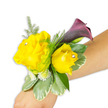 A hand-crafted wrist corsage rests diagonally across a light-to-medium skinned forearm, captured against a crisp white background so every detail reads clearly. The composition centers on two sunshine-yellow roses - one opened wide with soft, buttery layers, the other tucked closer and more cupped - each bearing a single clear rhinestone at its heart that catches the light like a tiny, private sparkle. Behind and lifting the composition is a single, sleek calla lily in a near-black plum or deep burgundy, its smooth trumpet shape and satiny surface creating a dramatic, elegant counterpoint to the roses' velvety petals. Soft, feathery asparagus fern weaves through the blooms, adding an airy texture and gentle movement, while broader, variegated green leaves with pale margins form a sturdy, glossy backdrop. Small clusters of white button-like filler flowers nestle into the base of the design, giving depth and a whisper of garden freshness. The scent is faintly floral - a warm citrus-rose perfume with a green, leafy undernote - and the pieces feel light and comfortable, secured with a slim ribbon or concealed elastic that hugs the wrist without bulk. The diagonal placement, from the lower left toward the middle right of the frame, highlights how the corsage sits when worn for a formal evening or a daytime celebration. As a local florist in Oxford might suggest for a bride, bridesmaid, or prom guest who loves bold contrasts, this corsage pairs cheerful yellow with sophisticated plum tones - an arrangement that reads joyful yet refined, perfect for stepping out near the Covered Market or pausing for photos on the High Street.