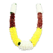 A meticulously crafted U-shaped ceremonial garland photographed against a clean white backdrop, its slight shadow grounding the curve and revealing the dense texture of each synthetic bloom. Beginning at the top of each arm is a short, cylindrical cluster of pure white, chrysanthemum-like fabric flowers so tightly packed they read as a soft, cloudlike band; the petals are fine and layered, imitating the airy feel of real mums. That white section gives way to a deep maroon or reddish-brown band formed from thousands of small, intricately folded fabric petals, offering a warm, earthy counterpoint to the cream tones. From there the garland flows into its longest runs of bright, golden-yellow flowers - plush, marigold-reminiscent clusters that create the broad, cheerful sweep of the 'U' and catch the light with a subtle sheen. At the very lowest point where the two yellow arms meet, a generous, wider cluster of pure white blooms forms a central focal knot, echoing the white tops and balancing the composition. Small, dark green leaf-like accents are tucked between colour transitions, especially between the yellow and white sections, providing a crisp natural pause between the colour blocks. The overall surface reads lush and velvety, the workmanship evident in the repetition of tiny fabric petals and careful symmetry. This style of mala, familiar in Hindu pooja and wedding traditions, reads as both an offering and a welcome garland - an object of devotion and celebration. As a local florist who often supplies ceremonial pieces for Oxford's cultural events near the Covered Market and University Parks, I note how its colours - white for purity, yellow for prosperity, maroon for devotion - carry quiet, time-honoured meaning.