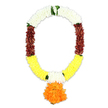 Photographed against a pure white backdrop, this elaborate artificial garland forms a generous U-shape, recalling the traditional malas often chosen for heartfelt tributes and religious observances around Oxford's temples and multicultural gathering spaces. From the very top, the eye is greeted by thick bands of pristine white petals, layered so densely that they create a pillowed, cloud-like effect, a quiet symbol of peace and spiritual purity. Light touches of green foliage peek through in these upper portions, offering a suggestion of living stems and adding a refreshing contrast without interrupting the serenity. As the garland descends, the white tones melt into rich, deep maroon segments that convey warmth and gravitas, much like the aged brick and stone you see lining Oxford's older streets. These darker bands flow naturally into sweeping sections of bright yellow petals that dominate the lower curve, bringing a sense of gentle optimism and light, even when used for a funeral tribute. Within these yellow stretches, small, deliberate patches of white petals reappear near the base on either side, subtly guiding the gaze inward. At the centre, suspended from the lowest point, hangs a large, rounded pendant formed entirely from vibrant orange petal clusters, closely packed to create a lush, pom-like sphere reminiscent of marigold blooms at a festival stall. Each artificial petal is positioned with care, giving the garland a rich, tactile depth and suggesting the patient handwork of an experienced florist. Suitable for funeral ceremonies, remembrance services, and sacred offerings throughout Oxford, this mala-style garland blends dignity, colour and devotion into a single, contemplative design.