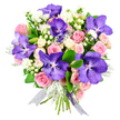 Set against a crisp white background, this bouquet appears almost luminous, its colours and textures carefully layered to create a feeling of indulgent calm. Large Vanda orchids dominate the composition, their petals a saturated blend of purple and blue, marked with intricate speckles and veins that give each flower a sense of depth and movement. They seem to hover over a bed of soft pink roses, whose velvety petals curl gently outward, some only just beginning to open, others fully unfurled in a lush, romantic swirl. Among them, creamy white spray roses gather in petite clusters, adding both volume and a gentle shift in tone from blush to ivory. Scattered through the arrangement are delicate tufts of small white, daisy-like flowers, alongside smooth white or cream hypericum berries that look like tiny pearls nestled between the petals. Wisps of silvery, feathery dusty miller thread through the design, their cool, muted leaves echoing the feeling of early-morning mist along the Oxford Canal. Deep green foliage forms a structured, rounded frame, providing contrast and giving the bouquet its full, generous silhouette. At the base, the stems are neatly bound and finished with a shimmering ribbon in a silver-purple hue, sheer enough to catch the light yet strong enough to hold the composition firmly. The overall impression is one of quiet luxury and heartfelt sentiment, perfect for sending love on an anniversary, marking a milestone birthday, or delivering a sophisticated thank-you to a home near Headington or a townhouse close to the city centre, with each blossom suggesting care, thoughtfulness, and contemporary floral artistry.
