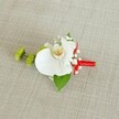 A meticulously crafted wedding boutonniere rests on a softly textured, light beige linen background, its neutral, slightly coarse weave reminiscent of a rustic tablecloth in an Oxford college hall. At the heart of the design sits a single, pristine white phalaenopsis orchid, its broad petals opening with graceful poise and a gentle, velvety sheen that catches the soft, even light. The orchid's throat reveals subtle washes of creamy yellow that melt into faint reddish-orange or light brown markings, giving the bloom quiet depth and character. Around it, tiny clusters of white baby's breath create an airy halo, their cloud-like flowers adding delicacy and volume without overwhelming the central orchid. To the left, two small, perfectly round lime-green chrysanthemum buds, with intricate, almost spiky texture, introduce a fresh, modern energy and a vivid contrast against the white petals. Beneath the flowers, a rich, deep green leaf forms a natural cradle, providing structure and a grounded, verdant backdrop, while a smaller darker leaf peeks out near the stem, echoing the layered greenery you might see in the borders of Oxford's University Parks. The stems are gathered neatly and wrapped in a vibrant crimson red satin ribbon, tightly coiled to form a smooth handle that ends in a small, refined knot or bow, adding a bold splash of colour that hints at celebration and formality. The whole boutonniere feels composed and elegant, ideal for a groom or groomsman walking down the aisle in one of Oxford's historic churches or registry offices, a small yet expressive flourish that combines classic wedding style with a hint of contemporary flair and thoughtful floral craftsmanship.