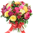 A luxurious, hand-tied bouquet of premium roses arranged against a crisp white background, its compact dome of blooms immediately suggesting abundance and care. The composition balances large, fully open hybrid tea roses with smaller clustered spray roses and tight, pearled buds; the palette runs from bright, sunlit yellow and creamy ivory through soft blush and vivid fuchsia to deep, romantic burgundy and cherry red, with a few bicoloured pink-and-white petals catching the light. Glossy, dark green foliage-likely ruscus or salal-threads through the flowers, its smooth, reflective leaves framing each blossom and giving the arrangement a fresh, garden-picked feel. At the stems the bouquet is gathered neatly and finished with a wide red satin ribbon tied into an elegant bow, long tails spilling downward, and a small white tag tucked into the knot that bears a stylised logo and the words Happy Holidays. The surfaces of the petals read silky and slightly dewy in the soft studio lighting; you can almost sense the gentle, citrus-tinted fragrance that lifts from the roses, bright and clean rather than cloying. The overall effect is one of joyful celebration and thoughtful generosity-suitable for anniversaries, birthdays, Valentine's gestures, or seasonal giving-and its confident, classic shape reflects a professional florist's hand. For Oxford customers, this bouquet would translate beautifully to a festive table at home near the Covered Market or as a warm, floral greeting left at the door of friends in Jericho, its colours catching the winter light and lifting the mood in any room.
