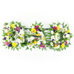A heartfelt floral tribute spells out DAD in three separate, block capital letters, all displayed against a clean, white background that makes the colours appear crisp and vivid. Each letter stands on a base of lush, deep green fern, the soft, feathery fronds wrapping around the outlines and giving the arrangement a gentle, natural frame. Within this border, the body of each D and the central A is tightly packed with classic white flowers: plump white chrysanthemums and large, open white gerbera daisies that create a smooth, cushion-like surface symbolising purity, remembrance, and peace. Among these whites are scattered clusters of glowing yellow blooms - bright yellow gerberas and tiny yellow spray roses - bringing touches of warmth and hope that soften the sense of loss. Deeper tones of purple lisianthus and rich magenta spray roses are placed thoughtfully throughout, their velvety petals introducing depth and emotional resonance, while small accents of lavender flowers and bright green button chrysanthemums add contrast and a contemporary twist. The letters are subtly linked by slim, dark green bars at the back so that from the front the word reads clearly as one loving message. The tribute feels both traditional and personal, the kind of arrangement a family in Oxford might order when saying goodbye to a father at a quiet funeral service in Marston, a memorial by the Cherwell, or a gathering of relatives from across the city. The careful craftsmanship suggests the steady hands of a local florist who understands how to balance colour, meaning, and respect in a moment of farewell.