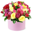 Bright, celebratory, and utterly romantic, this lavish rose bouquet fills a round, light pink hat box with a rainbow of petals that seem to hum with life. The mix of deep crimson, sunny yellow, fuchsia, soft pink, magenta, lavender, and creamy white sits tightly together, forming a dense domed mound that radiates energy and warmth. Some roses stand tall and fully opened, their petals unfurling like velvet fans, while spray roses and tiny buds pepper the arrangement with texture and rhythm. Dark green leaves with a glossy surface peek around the blossoms, providing a natural frame and a fresh foil against the pastel box. The pastel pink container itself, smooth and matte, offers a clean, contemporary stage for the flower theatre inside, making the piece feel both luxurious and approachable. Set against a pure white backdrop, the bouquet reads as a premium gift ready for delivery across Oxford-from leafy North Oxford streets to the lively lanes near Cowley Road and the University parks. For celebrations big and small-including birthdays, anniversaries, or a heartfelt Valentine's gesture-this arrangement speaks in color, fragrance, and generous warmth. Flowers Oxford delivers this thoughtful composition with same-day service across the city, ensuring freshness, care, and a smile when the box is opened.