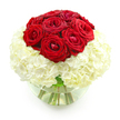 The image shows a refined, romantic bouquet that feels made for an anniversary dinner laid out in a quiet Oxford townhouse. A rounded dome of deep red roses dominates the top of the arrangement, their velvety petals layered in tight spirals that create a plush, almost fabric-like texture. There are roughly nine to twelve blooms, all at a similar stage of openness, forming a harmonious crown of crimson that suggests enduring, heartfelt love. Cradling these roses is a generous base of pure white hydrangeas, each made up of tiny, closely packed florets that together resemble a soft, billowy cloud. The contrast between the saturated red and the creamy white is striking, yet the overall effect is gentle and elegant, like the calm after a celebration in one of Oxford's historic halls. The flowers are gathered into a clear, fishbowl-style glass vase, about half-filled with fresh water. Through the transparency of the glass, you can see the green stems arranged carefully, their lines crossing and curving downward into the water. The entire arrangement is photographed against a pristine white background, which allows every nuance of color and texture to stand out-the gloss on the rose petals, the slightly ruffled edges of the hydrangea, and the subtle reflections in the glass. This bouquet feels intimate and thoughtful, perfect for marking years of shared memories, from strolls along the Cherwell to quiet evenings at home in Headington, and would serve beautifully as a centerpiece that quietly speaks of love and appreciation.