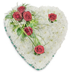 A tender, heart-shaped memorial wreath rendered in pure whites and deep crimson, arranged against a clean white backdrop so every texture and shadow reads clearly. The whole heart is a soft, cushion-like mosaic of hundreds of small white chrysanthemum blooms, each petal layered to form a dense, cloud-like surface that suggests quiet comfort and purity. From the upper left a graceful diagonal spray of deep red roses and lush greenery flows inward: three fully opened crimson roses sit close together among glossy broad leaves and delicate fern-like fronds, their velvety petals speaking of love and solemn respect. Narrow, arching blades of bright green beargrass extend like gentle calligraphic strokes, adding movement and a refined, living edge. Two other red roses are placed with thoughtful restraint - one near the upper right curve of the heart and one at the lower point - each given only a few minimal green accents so the eye rests on their simple, powerful presence. A slim emerald-green satin ribbon trims the entire perimeter, providing a neat, dignified frame that catches the light and deepens the arrangement's formality. Overhead lighting creates soft shadows that reveal the arrangement's depth and the finely cupped shapes of the flowers. The scent is implied: the faint sweetness of chrysanthemums underscored by the musk of garden roses, an olfactory suggestion of remembrance. This classic funeral heart is composed with a careful, compassionate hand - the kind of piece a local Oxford florist would place near a casket or at a graveside to convey enduring love and respectful farewell.