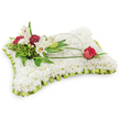 A tender, pillow-shaped tribute fashioned from a dense, cloud-like carpet of small white chrysanthemum heads sits against a pristine white backdrop, its surface soft and almost tactile like a hand-stitched cushion. The rectangular form is framed with a pleated band of pale lime-green satin ribbon, each tiny fold catching a gentle sheen and lending a discreet, refined edge that reads both traditional and calm. At the upper left a naturalistic cluster forms the arrangement's emotional heart: two open white Oriental lilies, their elegant petals curving back to reveal warm yellow stamens, accompanied by a poised, closed lily bud that promises unfolding grace. Deep burgundy spray carnations cluster among the lilies, their ruffled faces creating a rich, velvety counterpoint to the pure whites. Varied green foliage - feathery fern fronds, glossy salal and broader leaves - fans behind the blooms, adding depth, contrast and the green, earthy whisper of a garden after rain. From this cluster a slim, arching loop of bright green leaf or fine decorative wire sweeps gently toward the right, guiding the eye to a single deep-red rosebud resting on the cushion's edge, its first velvet petals curling open like a private, solemn vow. The lilies offer a faint, sweet scent while the chrysanthemums provide a soft, matte texture under them, together evoking peace, dignity and quiet comfort. As a sympathetic floral design, this pillow reads as a respectful expression of remembrance and mourning, suitable for a funeral service or memorial, described here by a florist mindful of sacred spaces across Oxford from the Botanic Garden to the Covered Market.