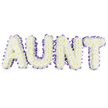 A tender, hand-crafted floral tribute spells out A U N T in four generous, three-dimensional letters set against a clean white surface. Each capital letter is formed from a dense carpet of pristine white spray chrysanthemums, their many small, cloudlike petals overlapping to create a soft, tactile texture; here and there tiny pale yellow centers peek through, adding a hint of warmth to the otherwise luminous white. A deep purple satin ribbon follows the perimeter of every letter, gently ruffled and pleated where it hugs the letter frames, the satin catching a soft, controlled light so that the ribbon reads both rich and quietly reverent. Subtle grey shadows beneath the letters reveal their real-world depth, the measured spacing between them allowing each shape to breathe on the white background. As a florist I notice the quiet scent - a clean, green undertone with a faint, dewy chrysanthemum note - that would gently fill a room without overwhelming memories or conversation. The overall effect is calm, respectful and uplifting; the white suggests purity and remembrance while the purple ribbon brings a dignified accent of love. Imagining this piece placed near the Radcliffe Camera or beside a photograph in a chapel in Oxford, the composition offers a personal, readable message that comforts family and friends. Carefully wired onto sturdy frames and finished with satin edging, this arrangement conveys the craftsmanship and compassion of a local florist preparing a bespoke memorial, providing a gentle, dignified way to honour a dearly loved aunt during a funeral or commemorative service.