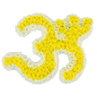 A serene and contemplative floral design fills the entire scene: the sacred Om symbol, recreated with exquisite care from fresh yellow and white blossoms, floats against a spotless white background. The body of the Om is constructed from countless small yellow flowers, likely chrysanthemums or marigolds, layered so closely that you see no gaps, only a continuous sweep of golden petals tracing every bend and loop of the character. This yellow surface seems almost velvety, inviting the imagination to feel its soft, springy texture. Around the edges, a fine border of pure white blooms follows the same curves, embracing the central shape like a ring of light. The interplay between the warm yellow and cool white is gentle yet distinct, so the symbol reads clearly, much like a chalk line against the pale stone often seen in Oxford's historic buildings. The lighting is bright and even, washing over the flowers and making their colours glow without casting distracting shadows, as though the arrangement were placed in a sunlit room before a service. Every petal appears crisp and hydrated, suggesting that the tribute has been prepared recently and with heartfelt attention, perhaps by a local florist for a funeral or memorial in areas such as Jericho, Iffley, or Kidlington. There is nothing else in the composition-no greenery, no background objects-so the eye is invited to rest solely on the Om and its gentle message of peace, continuity, and spiritual connection. This floral tribute seems designed to sit quietly beside candles or framed photographs, offering comfort through both its symbolism and its simple, luminous beauty.