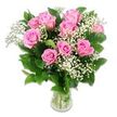 A rounded, full bouquet of pink roses and baby's breath stands in a clear glass vase, placed against a spotless white background that highlights every nuance of colour. There are around ten to twelve roses, each bloom rich with overlapping petals that curl softly outward, creating layered cups of pink. Some show a delicate blush tone, while others lean towards a slightly deeper, more confident pink, mirroring the emotional mix of tenderness and joy often felt when a baby arrives. Between the roses, fine stems of white baby's breath weave in and out, their myriad tiny blossoms forming a gauzy veil that lightens the arrangement and adds a sense of airy celebration. Surrounding the flowers, glossy dark green leaves add depth and contrast, their subtle sheen catching the light and grounding the pastel palette. All the stems are neatly arranged in a plain, transparent glass vase, with the cut ends immersed in fresh water that glints faintly, suggesting a bouquet that has just been prepared by a skilled florist. The lighting is bright, even, and natural, as if the arrangement were positioned near a sunlit window overlooking Oxford's historic rooftops. No additional props distract from the flowers; the focus rests entirely on the interplay of pink, white, and green. The composition feels calm, balanced, and lovingly considered, ideal for marking the birth of a baby in areas such as Jericho, Cowley, or near the hospitals in Headington. This bouquet looks ready to be delivered across Oxford as a gentle, classic expression of congratulations, warmth, and new beginnings.