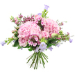 A generously rounded bouquet of fresh pink and lavender blooms sits against a pure white background, its colours and textures standing out with striking clarity. At the centre are large, rounded heads of soft pink hydrangea, each one composed of hundreds of tiny, ruffled petals that together form a plush, cloud-like mass. Threaded between these hydrangeas are classic light pink roses, some fully open and swirling gracefully from the centre, others still tightly furled in bud, suggesting a bouquet that will continue to evolve and open over several days. Interlaced through the design, slender stems of lilac and pale purple bellflowers, likely campanula, arch and dangle gently, introducing whimsical curves and a hint of wild, garden-grown character, much like the informal borders dotted around North Oxford homes.   

Smaller clusters of deep pink and fuchsia-toned filler flowers are tucked among the larger blooms, lending specks of more intense colour that draw the gaze inward. These fine blossoms, along with sprigs of fresh green leaves and unopened buds, create layers of depth and texture, enhancing the feeling of abundance without overwhelming the soft, romantic palette. The stems are pulled together tightly at the base, clearly hand-tied and trimmed, ready to slide into a favourite vase on an Oxford dining table or office reception. The lighting is bright yet gentle, with no distracting shadows, so each flower reads clearly and naturally. The overall impression is one of tenderness and celebration: a bouquet suited to sending love, offering thanks, or simply bringing a serene, spring-like mood to a home overlooking Port Meadow or a quiet street near the High.