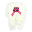 Displayed against a seamless white background, this angel-wing funeral tribute appears almost weightless, as though suspended in quiet prayer. Two distinct wings curve upward in a soft oval shape, meticulously built from countless tiny, snow-white blossoms that sit close together, giving the overall design a cushioned, velvety surface. The blooms, likely small chrysanthemums or spray carnations, create a uniform purity of tone, with subtle shadows lending depth, much like the gentle light that filters through stained glass in an Oxford sanctuary. Along the outer contours, slender white feathers are interlaced with the petals, their fine strands and soft edges forming a cloud-like border that heightens the sense of serenity and spiritual protection. At the centre where the wings unite, a rounded cluster of deep violet and rich purple flowers and foliage forms a striking contrast, drawing the eye inward and suggesting quiet contemplation. Resting on this darker base, a vivid fuchsia satin bow sits prominently, the ribbon folded into full, rounded loops with graceful trailing ends, its sheen catching hints of light reminiscent of ceremonial sashes seen at local services. Cradled within the bow is a single light pink rosebud, delicately cupped and not yet fully opened, radiating innocence, tenderness, and love beyond words. This angel-wing arrangement feels deeply suited to funerals, memorials, or cremation services across Oxford, from the city centre to the peaceful outskirts. It offers a symbolic guardian presence and a heartfelt message of condolence, crafted with the quiet care and understanding of a local florist who often supports families in times of loss.