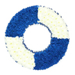 A lifelike floral interpretation of a lifebuoy takes centre stage in this image, floating visually against a clean white background as though suspended in calm air. The wreath is perfectly circular, its proportions carefully measured so the ring feels strong yet graceful, and it is entirely clad in hundreds of small, tightly clustered blooms. Each flower, most likely a compact chrysanthemum type, contributes to a richly textured surface that looks soft to the touch, with countless petals forming a close-knit mosaic of colour. The design is precisely quartered into four alternating segments: two opposite quadrants composed of intense royal blue flowers and two of bright, unblemished white. The blue areas carry a depth reminiscent of deep river water along the Isis at Oxford, while the white sections bring a sense of light and serenity, echoing open sky and the calm of a misty morning by the river. Around the inner rim of the ring, a slender dark blue ribbon is pleated into fine ruffles, tracing the inside edge like a gentle wave and lending the piece a polished, nautical character. The centre of the circle remains open and clearly defined, completing the silhouette of a traditional life ring. This floral tribute, ideal for a funeral or memorial, particularly suits commemorations in Oxford for someone with a connection to rowing clubs, sailing, the navy, or simply a reputation for offering unwavering support. It conveys themes of rescue, comfort, and safe passage, offering a tender visual metaphor for being held and protected, even in farewell.
