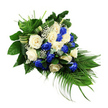 A dignified, elongated floral tribute rests against a clean white background, designed in a classic teardrop formation that gently narrows from left to right. At its heart lies a carefully balanced gathering of roses, their full blooms giving the arrangement a plush, comforting appearance. Roughly equal numbers of deep sapphire blue and creamy white roses are mingled together, the blue bringing depth and solemnity, the white suggesting peace, purity, and remembrance. Each rose is open enough to reveal its swirling layers of petals, and they are positioned so that every face is visible, inviting quiet contemplation. Fine sprays of white baby's breath slip between the roses like soft pockets of mist, adding a delicate, lace-like texture. Around the flowers, a generous sweep of greenery anchors the spray: broad, dark green leaves create a solid, respectful base, while feathery green ferns rise from the upper left, adding lightness and gentle movement. From the lower right edge, long palm fronds arch and cascade, giving the arrangement its characteristic flowing silhouette that is often chosen for sympathy sprays and funeral sheaves in churches and crematoriums around Oxford. Nestled between the blooms, small sprigs of bluish-green foliage, similar to eucalyptus, punctuate the design with a slightly cooler tone. Decorative bands created from folded variegated leaves coil thoughtfully through the arrangement, showing the careful craftsmanship behind the piece. Overall, the spray communicates a quiet, heartfelt message of condolence, the kind of floral tribute families in Oxford might select to honour a loved one's memory during a final farewell.